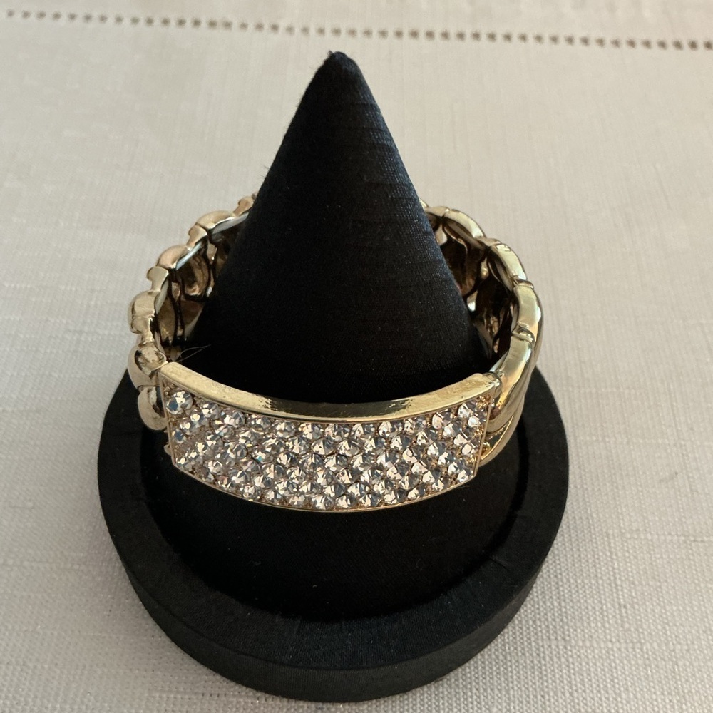 Clear Rhinestone Vintage Gold Tone Stretch Bracelet